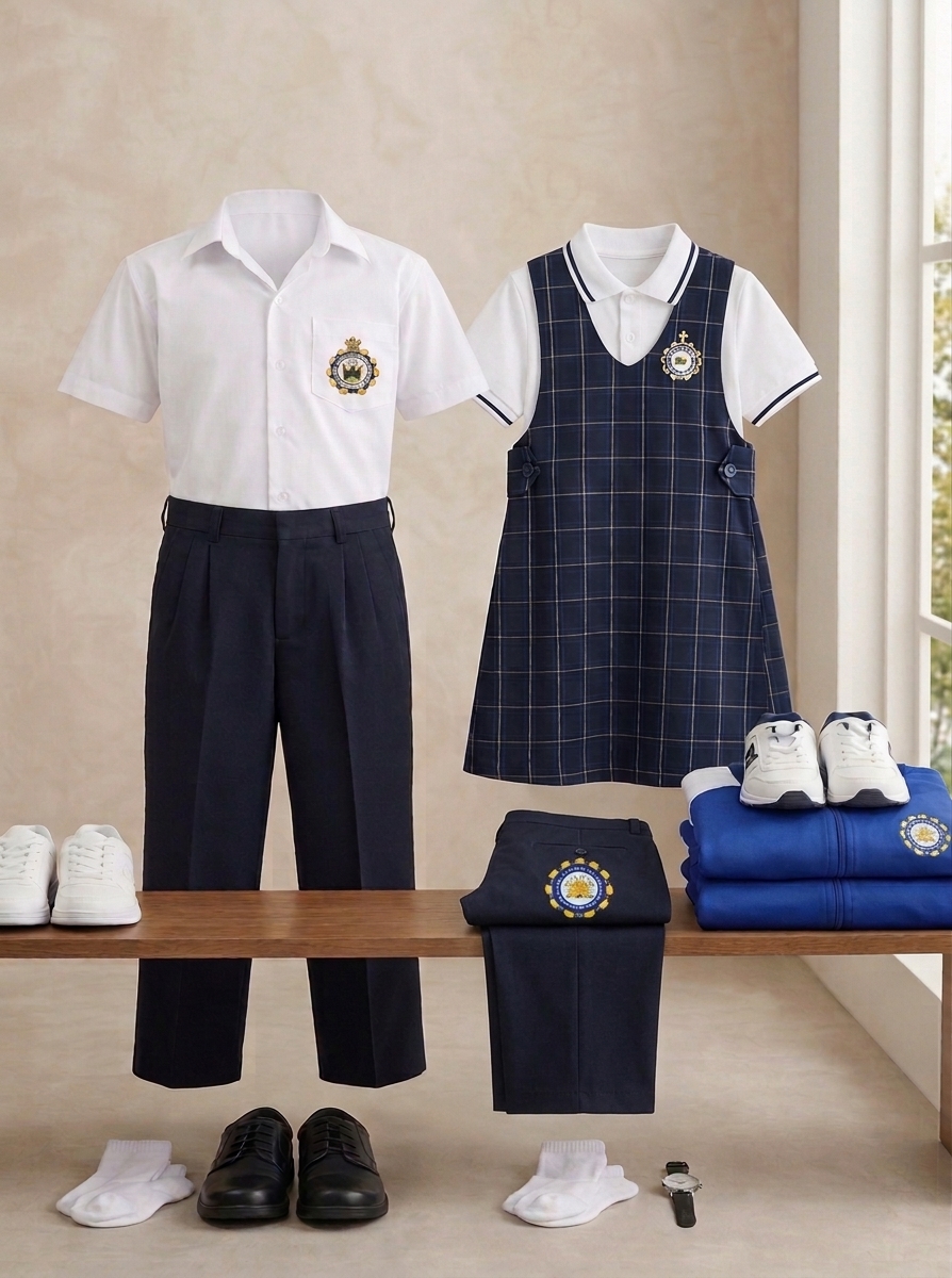 Uniforme diario y uniforme de educación física del colegio, exhibidos en perchas